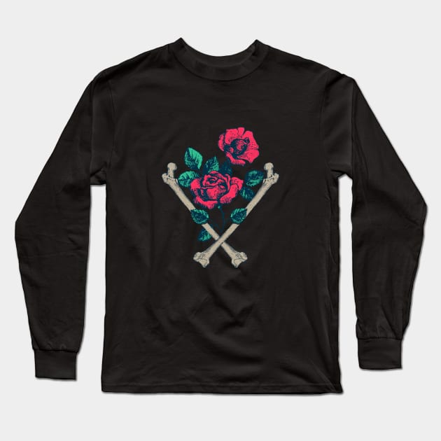 Cross Bones And Roses Long Sleeve T-Shirt by Goldquills